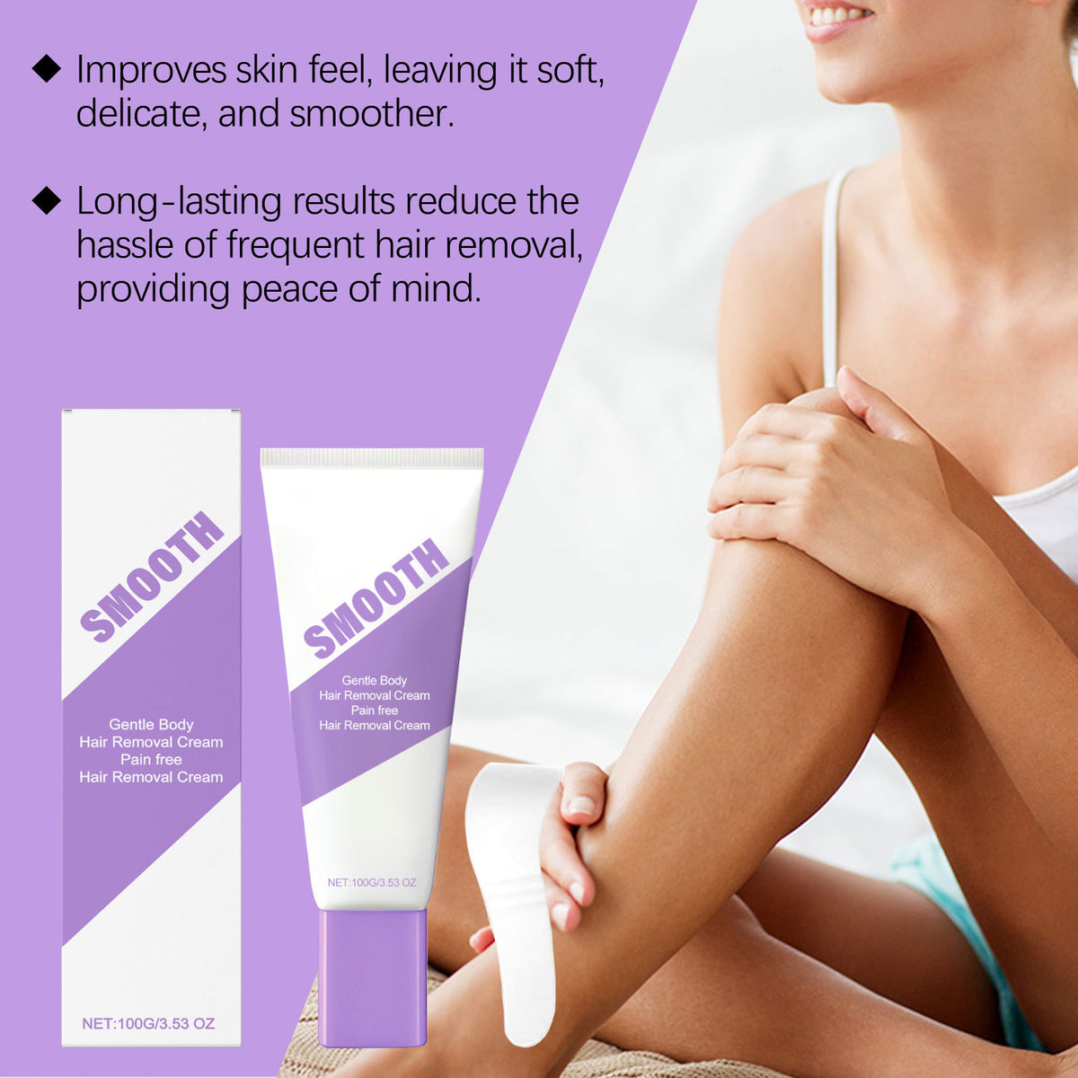 Silky and Smooth - Hair Removal Cream.  Gentle formula.  Works on face, legs, arms, underarms, back & bikini line