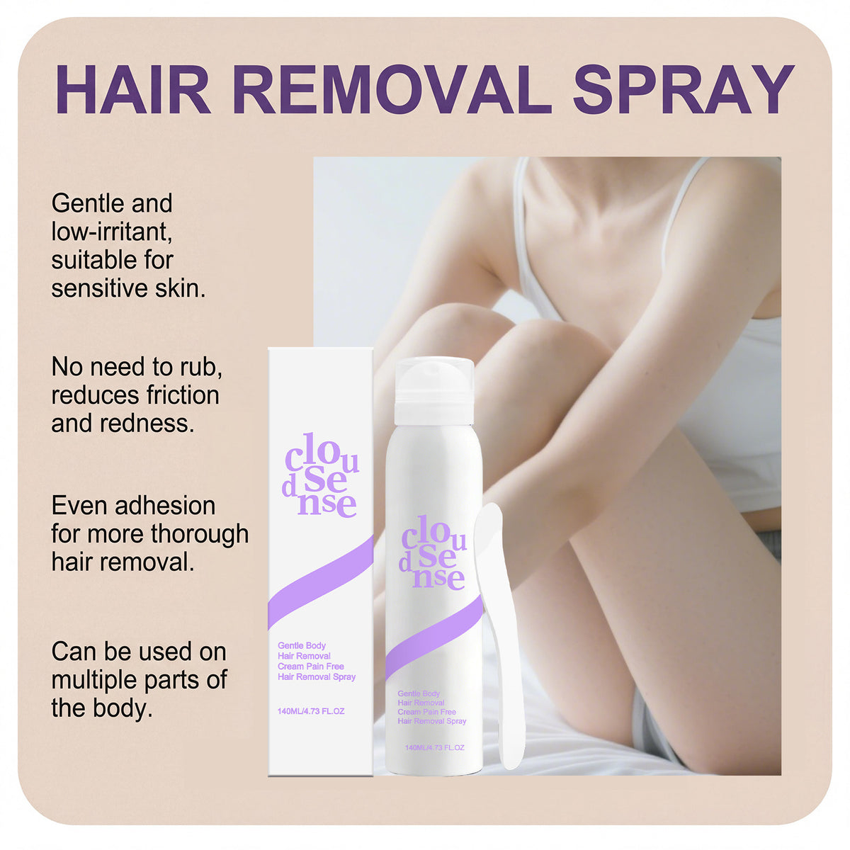 Silky and Smooth - Spray on Hair Removal Mousse.  Gentle formula.  Works on face, legs, arms, underarms, back & bikini line