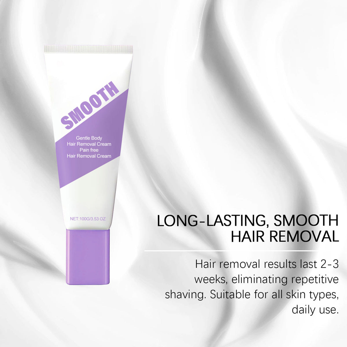 Silky and Smooth - Hair Removal Cream.  Gentle formula.  Works on face, legs, arms, underarms, back & bikini line